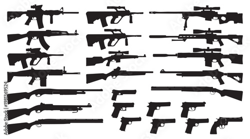 Diverse collection of modern and classic firearms displayed on dark background for security and defense concept