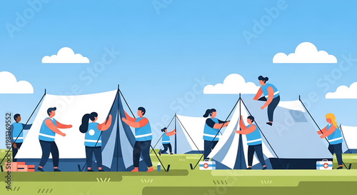 Dedicated volunteers collaboratively establishing essential temporary shelters for humanitarian assistance and community support in an outdoor relief effort