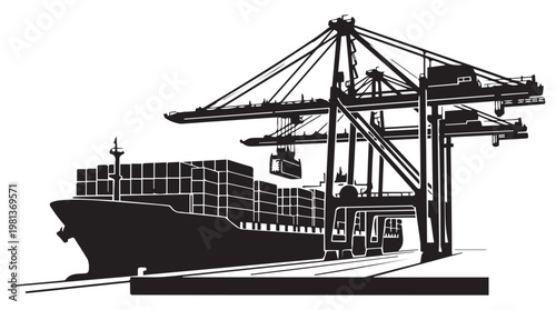 Cargo ship loading containers at industrial port with gantry cranes in black and white illustration