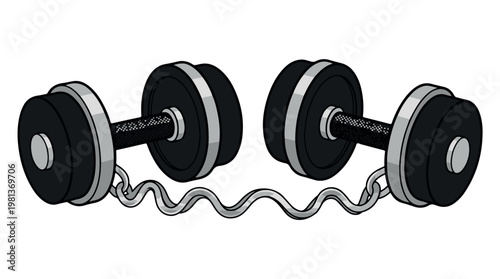 Set of four black rubber dumbbells connected on metal bar for strength training equipment