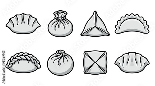 Set of six hand drawn dumpling icons in various traditional shapes and styles isolated on tansparent background
