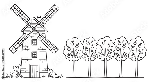 hand drawn dutch windmill illustration with blooming cherry blossom trees in spring landscape