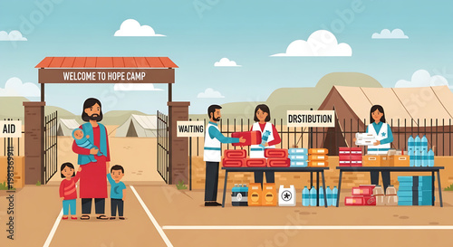 Humanitarian aid distribution at a refugee camp, providing essential supplies, food, and water to displaced families and children, illustrating global support efforts