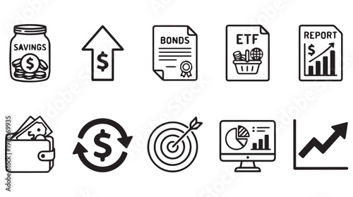 Flat design financial investment icons set with savings, bonds, ETF, growth, and digital trading concepts