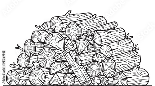 Hand drawn illustration of beaver family stacking firewood in forest clearing, black and white sketch style