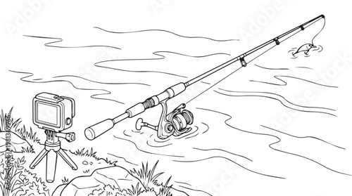 Hand drawn illustration of robot fishing with rod in serene lakeside environment sketch style