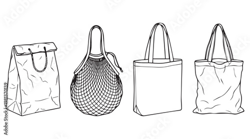 Set of four reusable eco friendly shopping bags in minimalist line art style for sustainable lifestyle