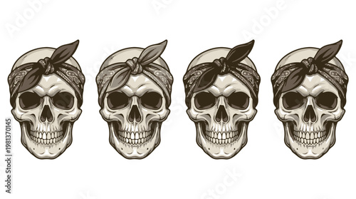 Four stylized skulls with bandanas in monochrome line art illustration for edgy design projects