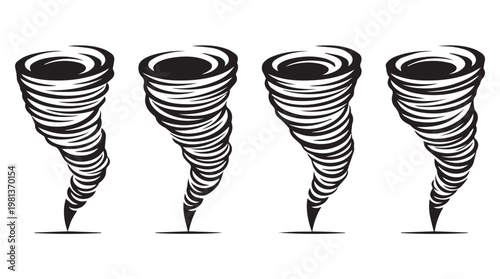 Four black spiral tornado shapes descending on tansparent background minimalist design