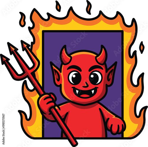 Cute Cartoon Devil with Trident and Flames

