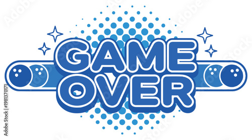 3D blue game over screen with pixelated text and retro gaming icons for digital entertainment