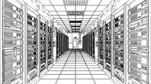 Modern data center aisle with illuminated server racks in high tech facility, low angle view