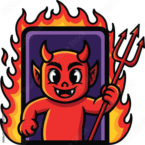 Cartoon Devil Character Holding Trident in Flames
