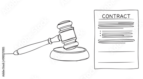 Judge gavel resting on sound block beside legal contract document flat lay illustration