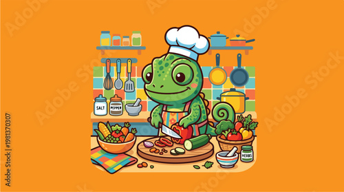 chameleon chef cooking food.