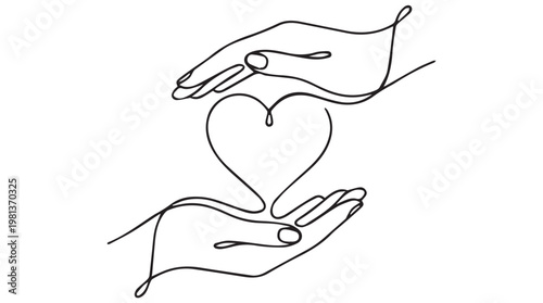 Black and white line drawing of two hands forming a heart shape with elegant ribbons and bows
