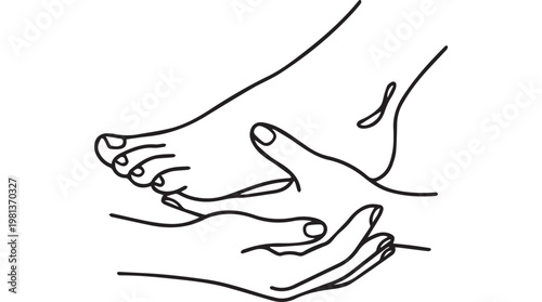 Line art illustration of hands massaging a foot in relaxing reflexology therapy session