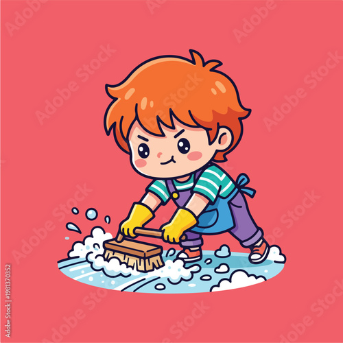 Child Cleaning with Brush.