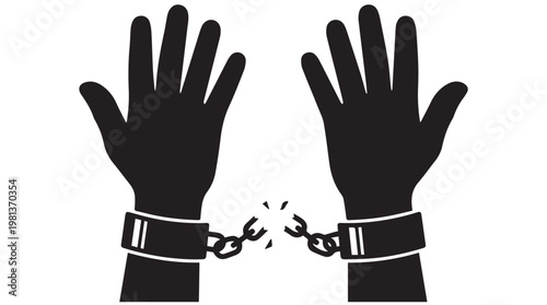 Two hands breaking free from metal handcuffs symbolizing freedom and liberation concept