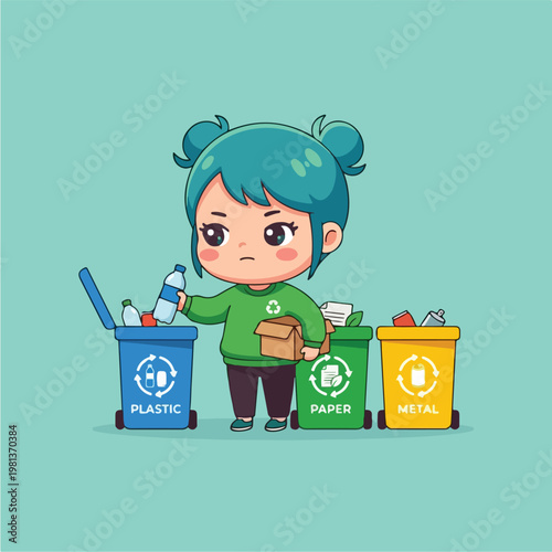 Child with recycling bins.
