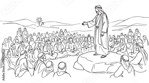 Jesus Christ preaching to a large crowd in historical biblical illustration, monochrome line art