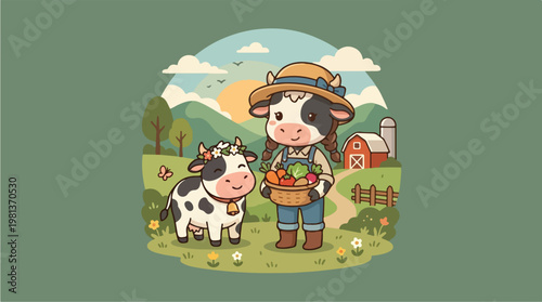 Farmer and Cow on Farm.