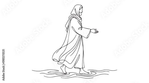 Line art illustration of spiritual figure walking on water in minimalist style for religious or meditation themes