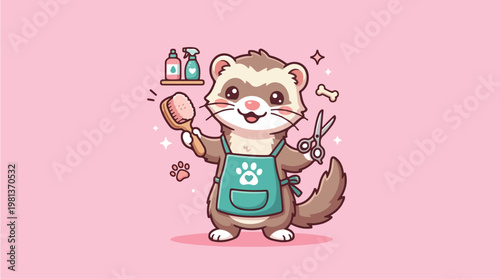 Ferret in apron holding brush.