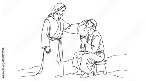 Biblical scene of compassion and healing with two men in ancient robes on sandy ground