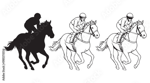 Silhouette of three jockeys racing horses in dynamic motion against tansparent background