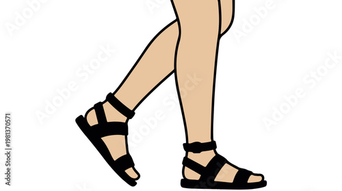 Womans legs in stylish black and beige strappy gladiator sandals walking on tansparent background