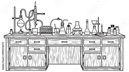 Vintage chemistry lab workstation with glassware and scientific equipment on wooden bench