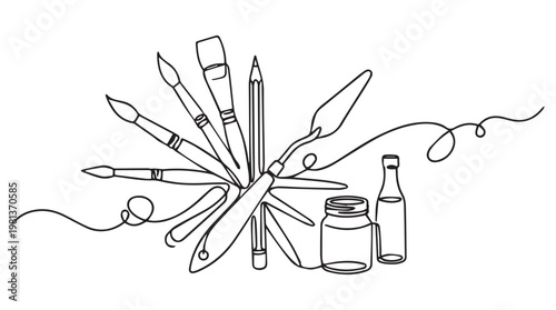 Hand drawn line art of dental hygiene tools with toothpaste and mouthwash bottle on tansparent background