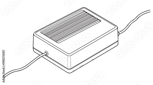 Isometric line drawing of solar powered battery charger with USB cable for eco friendly energy solutions
