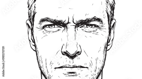 Detailed black and white sketch portrait of serious older man with expressive wrinkles and contemplative mood