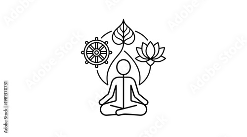Zen Meditation Symbol with Dharma Wheel Lotus and Bodhi Leaf