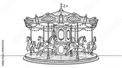 Vintage carousel with ornate white horses in elegant black and white line art illustration
