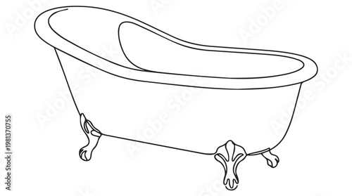 Minimalist black and white line drawing of empty freestanding bathtub with clawfoot legs