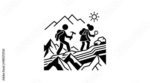 Geologists Hiking in Mountain Landscape