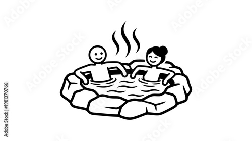 Couple Relaxing in a Hot Tub Black and White Vector