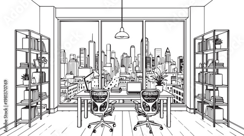 Modern minimalist home office with city skyline view and ergonomic chairs in bright natural light