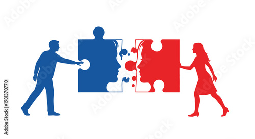 A conceptual illustration of connection and partnership symbolized by two figures completing a puzzle