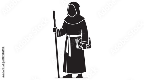 Black and white illustration of medieval monk holding a wooden staff in traditional robe and hood