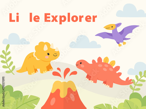 Nursery poster with cute dinosaurs, volcano, clouds and plants in flat cartoon style for kids room decor and baby wall art