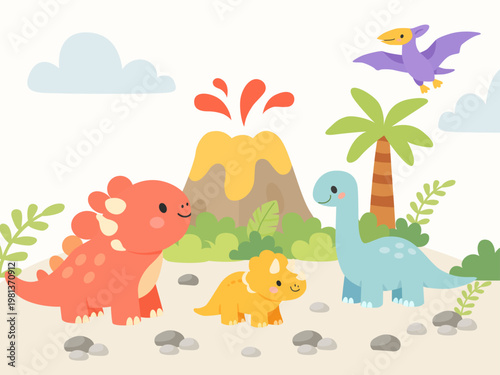 Cute dinosaur scene with triceratops, brachiosaurus, pterodactyl and volcano in flat cartoon style for kids design and nursery art