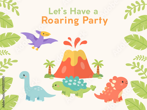 Dinosaur party invitation with volcano, cute dinosaurs and tropical leaves frame in flat cartoon style for kids celebration