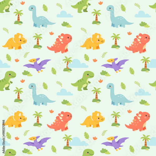 Seamless pattern with cute dinosaurs, palm trees, leaves and clouds in flat cartoon style for nursery and kids fabric design