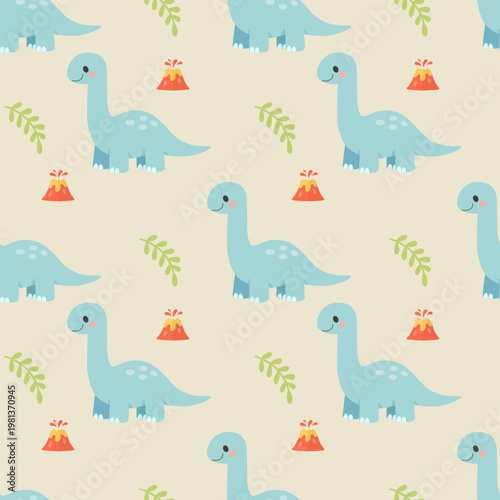 Seamless pattern with cute brachiosaurus dinosaurs, volcanoes and leaves in flat cartoon style for kids nursery and fabric design