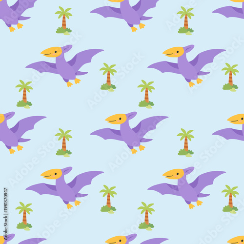 Seamless pattern with cute pterodactyl dinosaurs and palm trees in flat cartoon style for kids nursery and fabric design