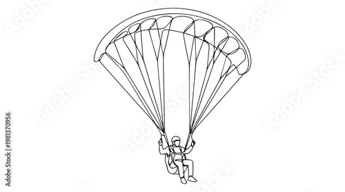 Line art paraglider descent with harnessed pilot against tansparent background, minimalist outdoor adventure illustration